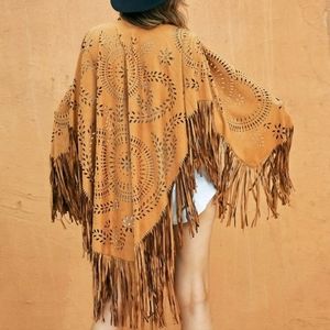 Faux Suede Tassel Poncho Shawl